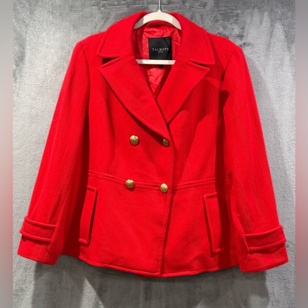 Talbots Red Double Breasted Wool Blend Pea Coat Size 16p Office Career